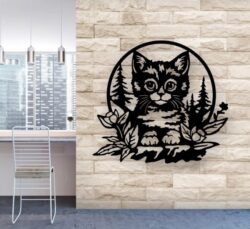 Cat with flower wall decor E0020829 file cdr and dxf free vector download for laser cut plasma