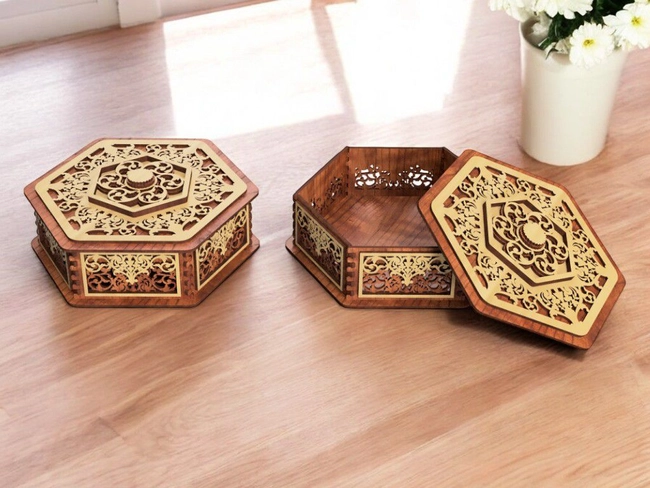 Wooden hexagon box S0001516 file cdr and dxf pdf free vector download for Laser cut