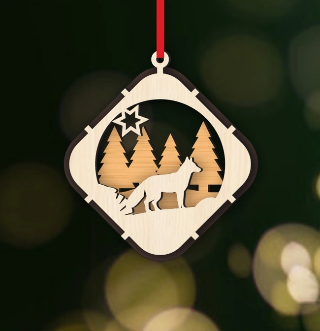 Christmas Ball Tree Decoration With Wolf And Star E0024586 file cdr and dxf pdf free vector download for laser cut