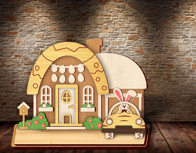 Easter bunny standing house E0024851 file cdr and dxf pdf free vector download for laser cut